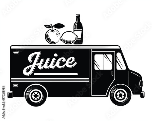 Black and white juice food truck illustration with fruit and bottle icons on top isolated on white background