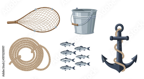 A fishing net, metal bucket, coiled rope, small fish, and a dark blue anchor are arranged on a white background.