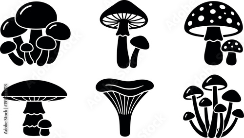 Black and white silhouette mushrooms group vector art set