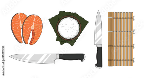 Various sushi ingredients and tools including salmon, rice, seaweed, knives, and a bamboo mat are arranged on a clean white surface.