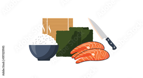 A bowl of steaming rice, a bamboo mat, nori seaweed, salmon fillets, and a chef's knife are arranged on a white background.