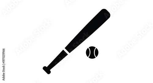 A stark black graphic depicts a baseball bat and ball emphasizing sports equipment in a minimalist silhouette