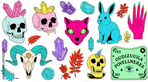 Whimsical mystical symbols, boho stickers, crystal and animal icons, occult illustrations, 20 elements