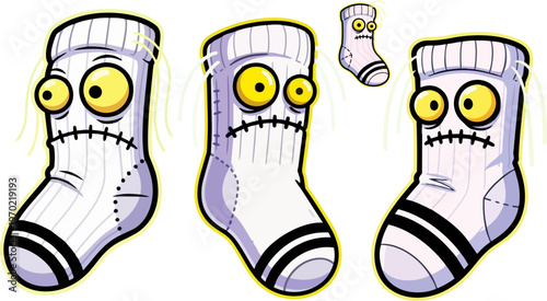 funny sock monsters, cartoon character designs, white athletic socks, yellow eyes, stitched mouths, Halloween illustrations, quirky footwear, vector characters