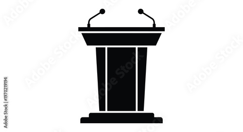 A stark black silhouette of a formal podium with two microphones representing public speaking and events silhouette