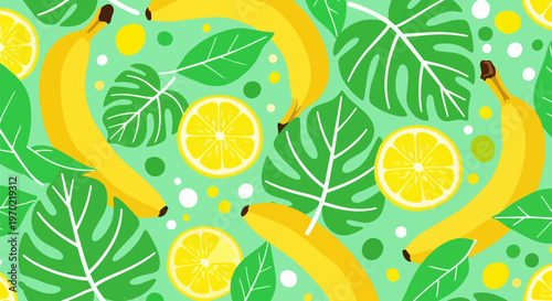 Tropical fruit pattern, banana leaf design, citrus seamless, green background texture