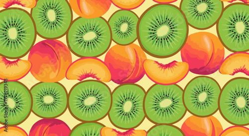 Fresh Fruit Pattern, Kiwi and Peach Slices, Vector Illustration, Food Background