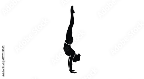 A striking black silhouette depicts a woman performing a handstand yoga pose with elegant form silhouette high quality