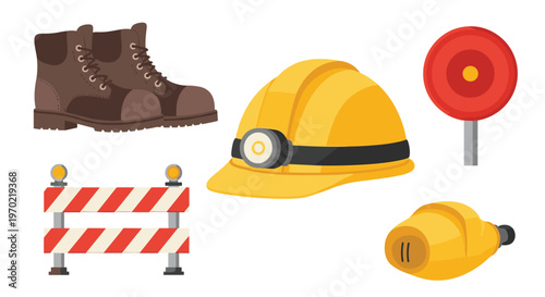 Various construction and safety items, including work boots, a hard hat, a road barrier, and a warning sign, are presented on a white backdrop.