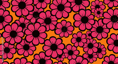 Vibrant pink flowers, floral pattern, orange background, black outlines, seamless design