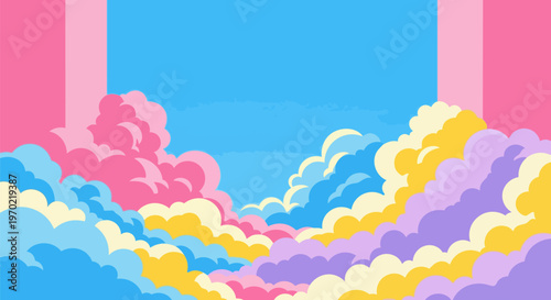 Pastel clouds, colorful sky, whimsical background, vector illustration