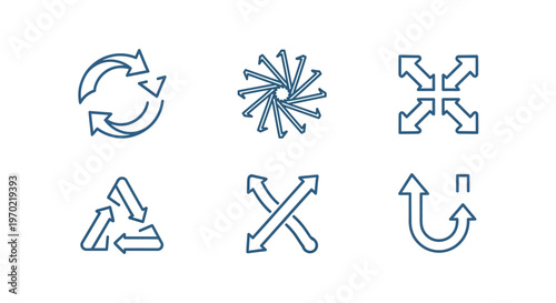 Abstract blue arrow icons set representing direction, recycle, expand, and exchange concepts