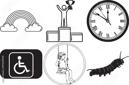 Black and white line drawing of various icons