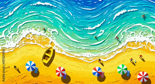 Beach, summer, aerial view, vector illustration, sand, sea, umbrellas, vacation, resort
