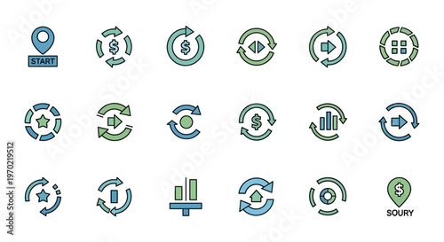 Business Process and Financial Cycle Vector Icons Set for Data Management