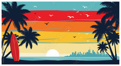 Tropical beach sunset, palm trees, surfboard, vibrant colors, vector illustration