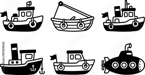 Six boats including tugboats rowboat and submarine in flat design