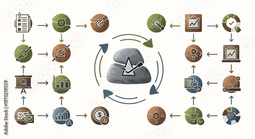 Business Process Workflow Cycle with Data Analysis and Strategic Management Icons