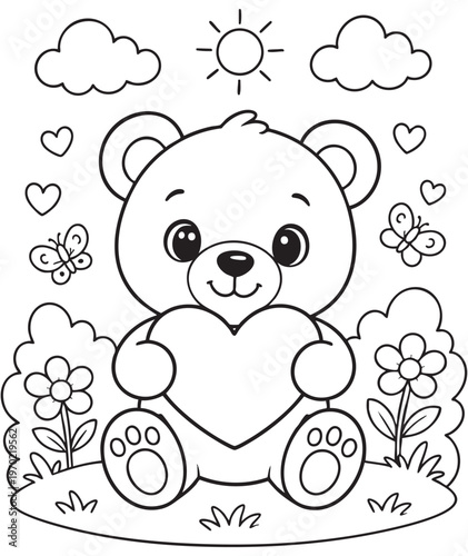 Cute Teddy Bear with Love: An adorable teddy bear sits amidst a whimsical landscape, clutching a heart, and radiating warmth and affection. Butterflies and flowers complete this scene.