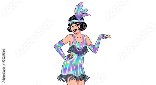 The flapper girl performs a lively dance in her shiny dress and feathered headband indoors.