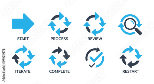 Business process workflow icons set: start, process, review, iterate, complete, restart symbols