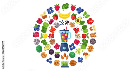 Illustration of a blender surrounded by various fruits, nuts, and greens to make a healthy smoothie.