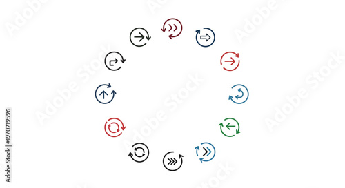 Circular arrangement of diverse arrow icons for navigation and user interface design