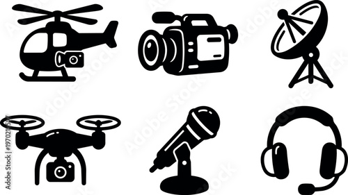Black silhouette helicopter drone video camera microphone headset icons