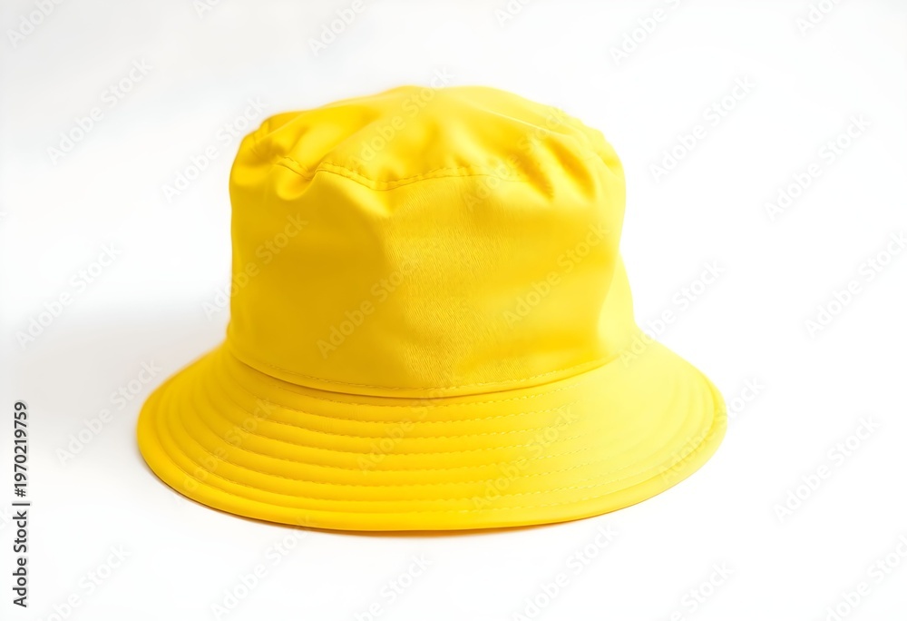 Fototapeta premium A bright yellow bucket hat sits on a plain white surface indoors.