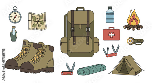Various camping and hiking equipment, including a backpack, boots, a tent, a campfire, and a map, are displayed on a white surface.