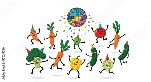Vegetables dance under a colorful disco ball at a vibrant party celebration with confetti.