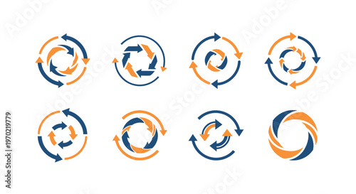 Circular Arrow Icons Set: Refresh, Cycle, Process, and Loop Symbols in Blue and Orange