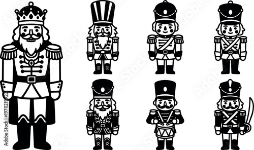 Black and white nutcracker soldier characters vector art set