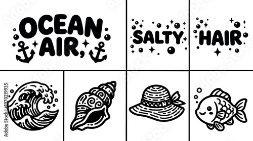 Ocean air salty hair phrase with anchor wave shell hat and fish icons black and white vector art
