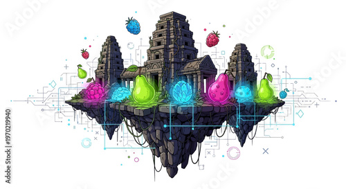 A futuristic illustration of a mystical floating temple with colorful pears and berries.