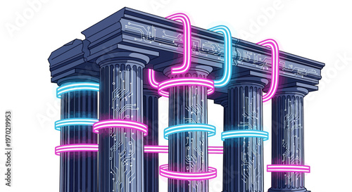 Neon-lit columns stand in ancient architectural structure with vibrant pink and blue lights.