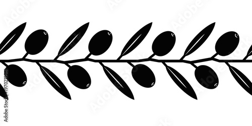 Hand drawn olive branch seamless border, outline silhouette isolated on a white background. Vector illustration.