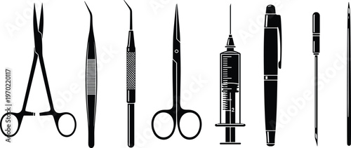 Surgical instruments silhouettes vector set, medical tools collection including scissors forceps syringe scalpel, black isolated healthcare equipment for hospital clinic illustration design