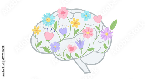 Brain with colorful flowers and hearts grows in a creative mind illustration