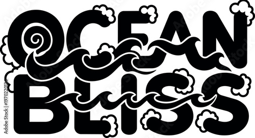 Ocean bliss lettering with waves and foam black and white vector art