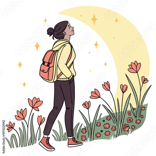 A young woman with a backpack gazes up at a crescent moon surrounded by twinkling stars and vibrant floral scenery
