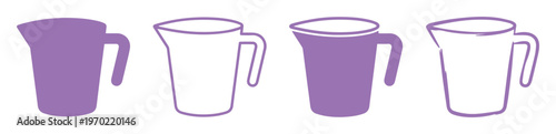 Purple measuring jug icons in flat and line art styles, set of 4 kitchen pitcher vectors, plastic water carafe symbols for cooking and baking