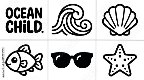Ocean child phrase with wave shell fish sunglasses and starfish icons line art