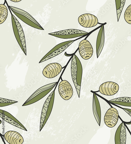 Vintage doodle patterned olive branches seamless pattern. Vector illustration background.