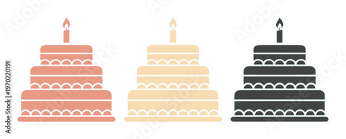 Minimalist birthday cake vector icons, tiered celebration cake with candle set, flat silhouette wedding cake illustrations in pink and black