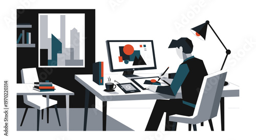 Graphic designer working on computer in modern office with minimalistic decor in monochromatic color scheme for business branding