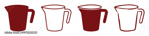 Minimalist measuring cup icons in dark red, hand drawn kitchen pitcher vector set, culinary liquid measurement tools for cooking and baking
