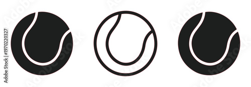 Minimalist tennis ball icons set, black and white sports equipment vector graphics, simple athletic ball symbols for tournament branding