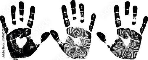 Handprint and Fingerprint Collection, Black and White Vector Set of Handprints with Heart and Fingerprints for Love, Identity, and Hand Art Illustrations