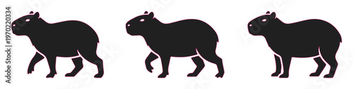 Minimalist capybara silhouette vector set, black walking capybara icons with pink outlines, three wild animal profile graphics for logos
